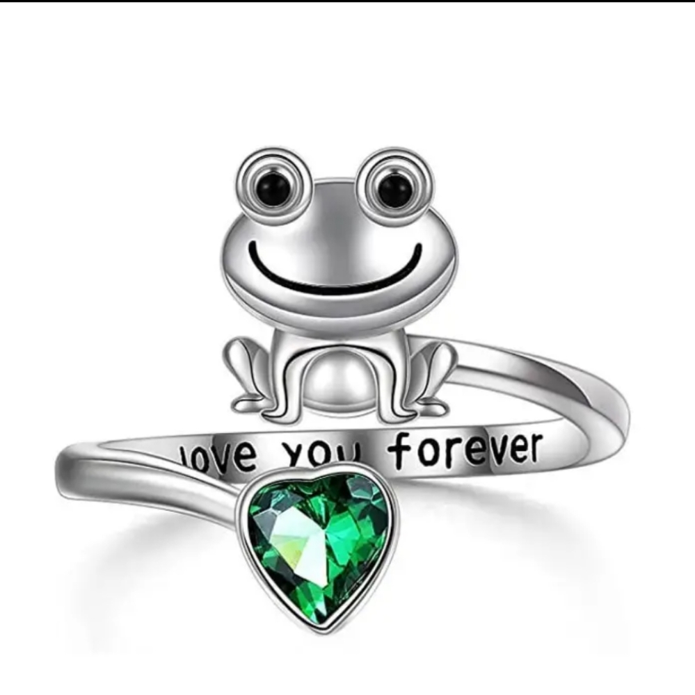 White Gold Plated Love You Forever Frog Open Ring Adjustable With Green CZ